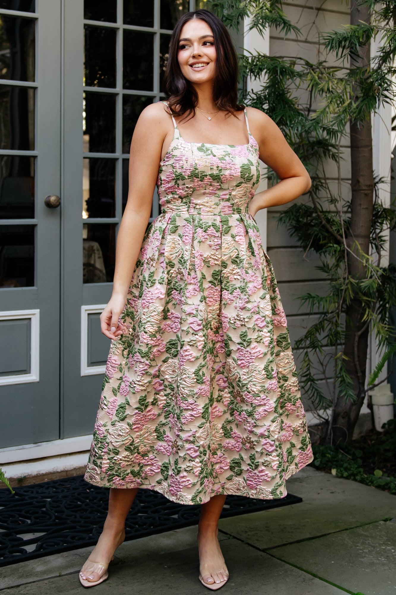 Antoinette Embossed Midi Dress | Champagne Multi Floral - Image 2