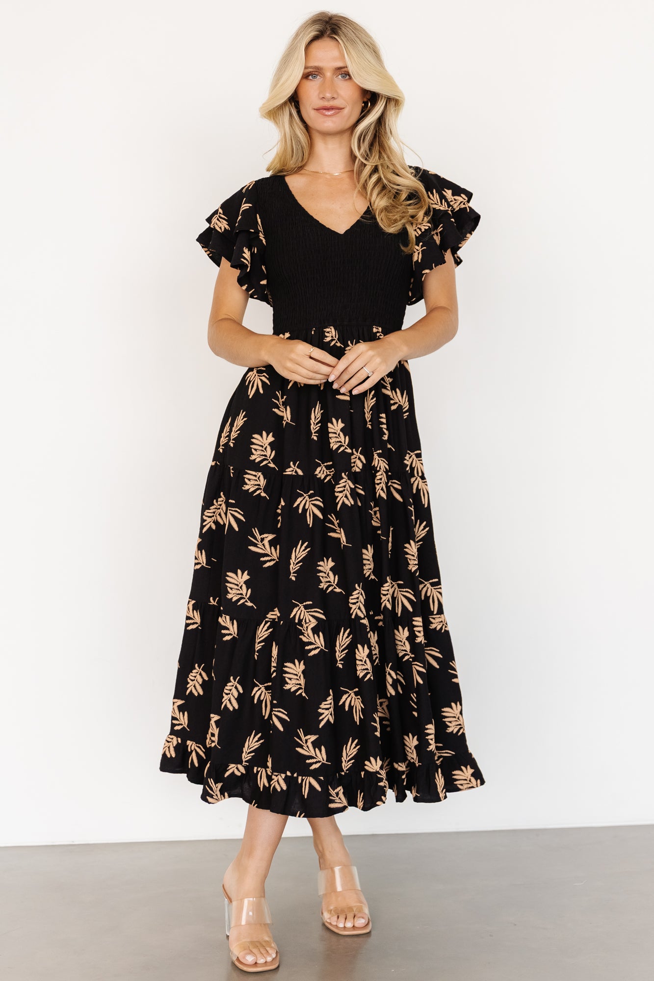 Estelle Smocked Midi Dress | Black + Tan Print - Image 2