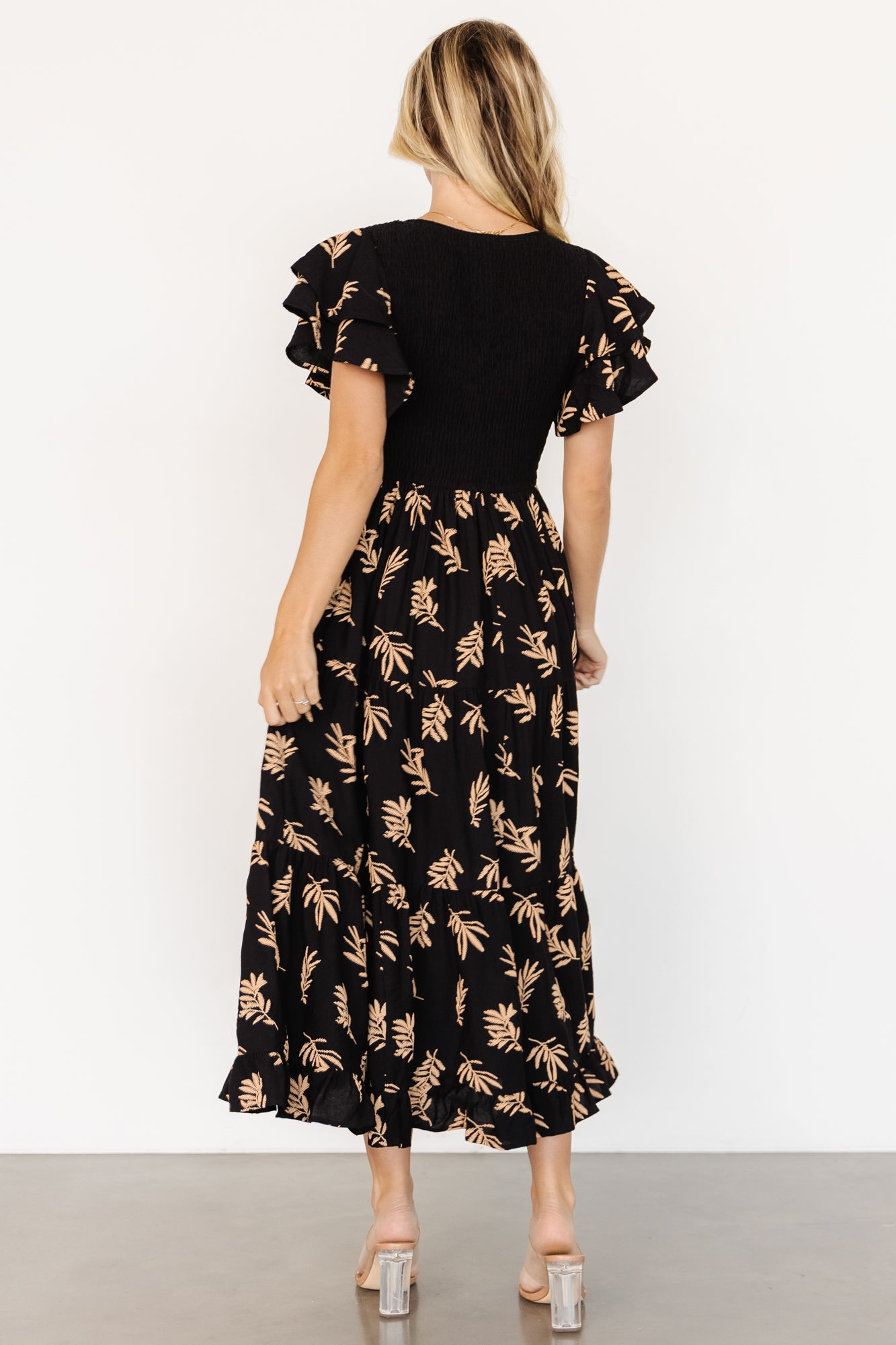 Estelle Smocked Midi Dress | Black + Tan Print - Image 4