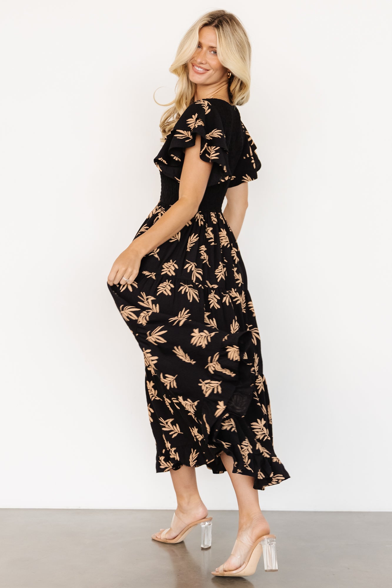 Estelle Smocked Midi Dress | Black + Tan Print - Image 6