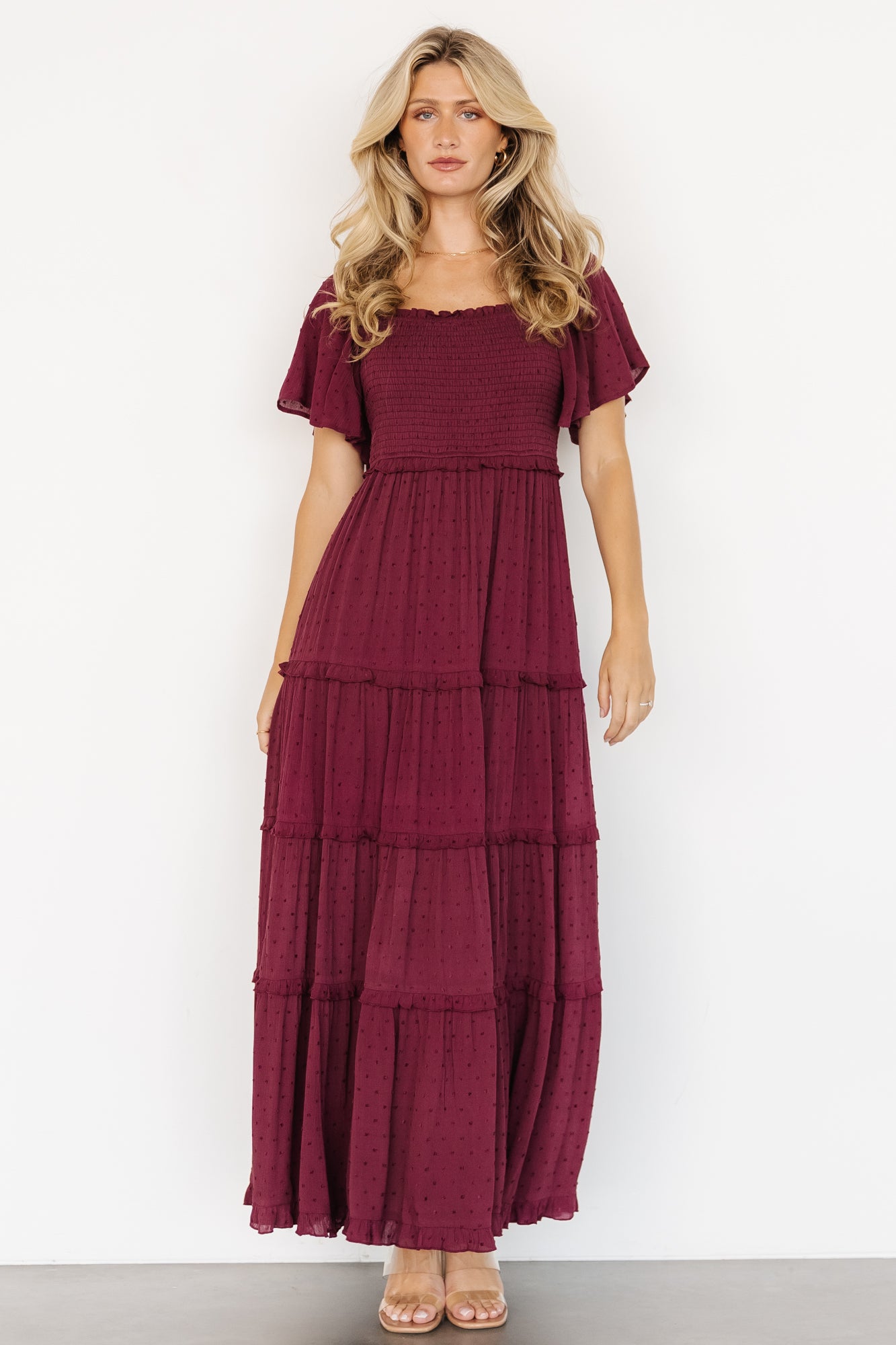 Lenora Smocked Dotted Maxi Dress | Wine - Image 5