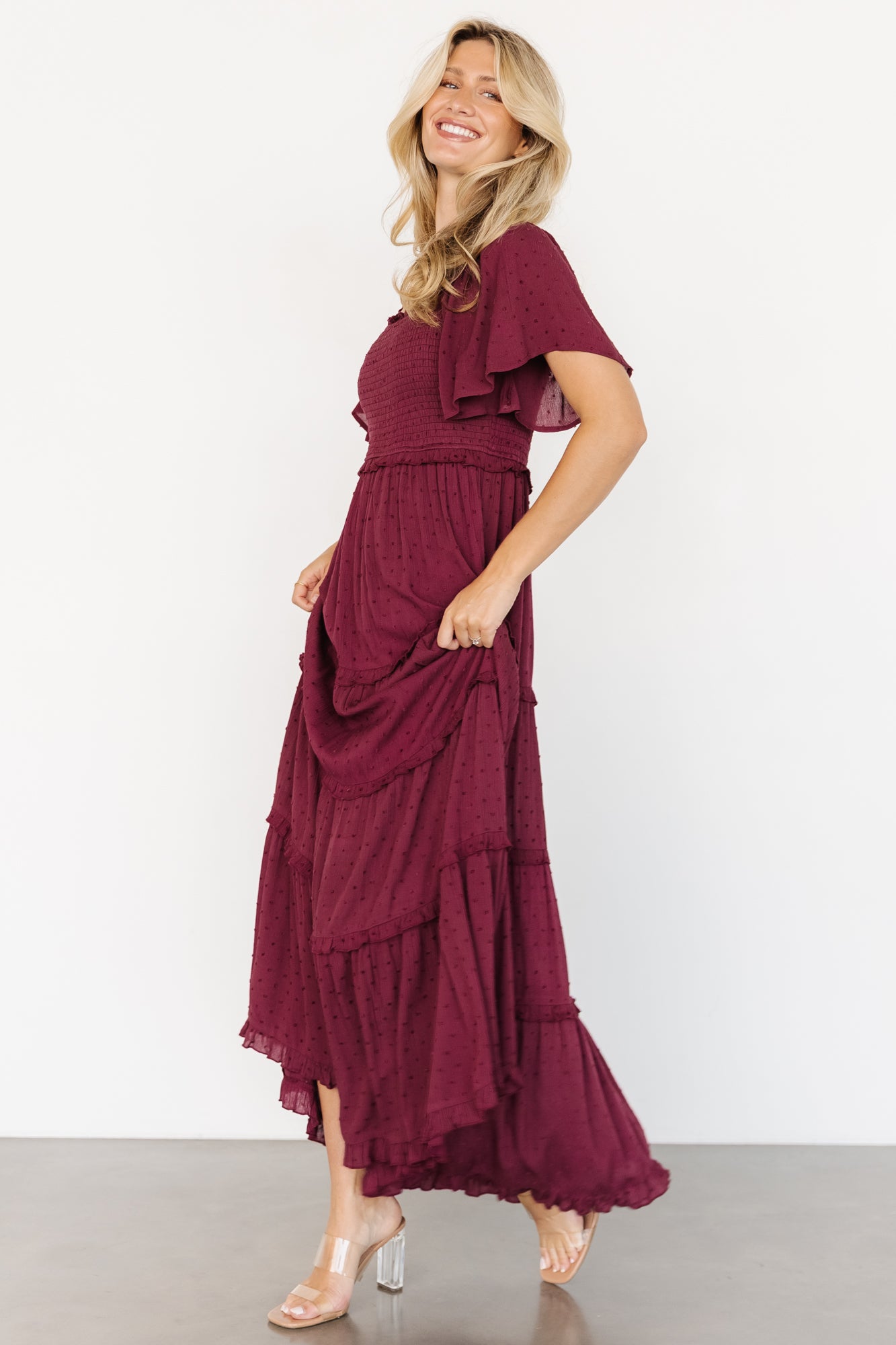 Lenora Smocked Dotted Maxi Dress | Wine - Image 3