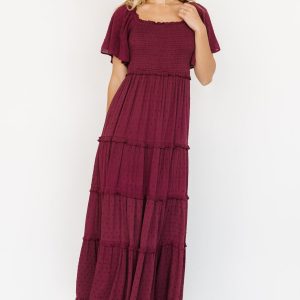 Lenora Smocked Dotted Maxi Dress | Wine
