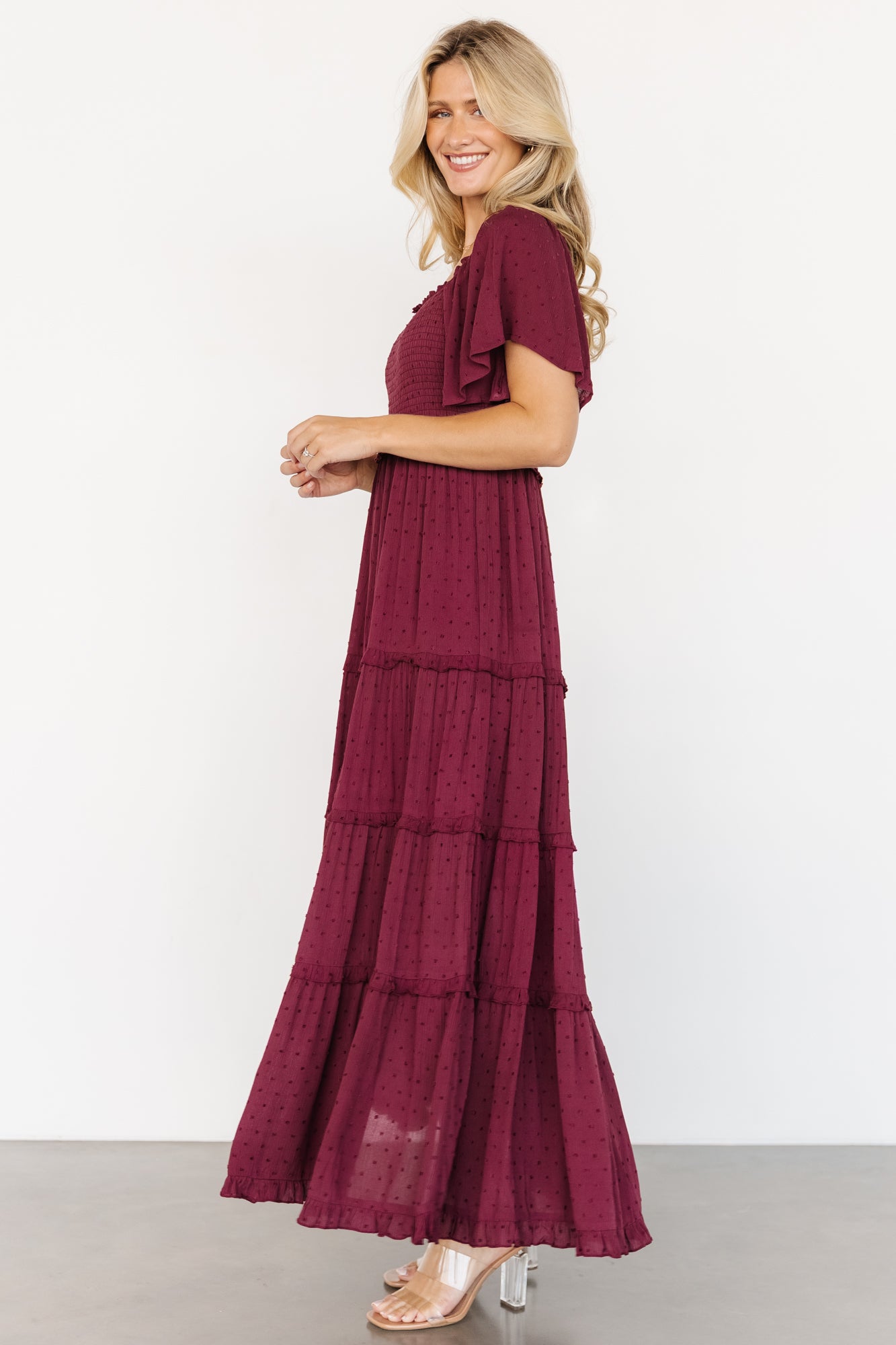 Lenora Smocked Dotted Maxi Dress | Wine - Image 6