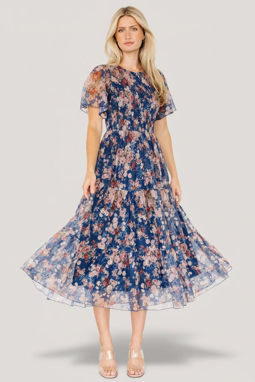 Mara Embroidered Tulle Dress | Dark Blue Multi Floral - Image 5