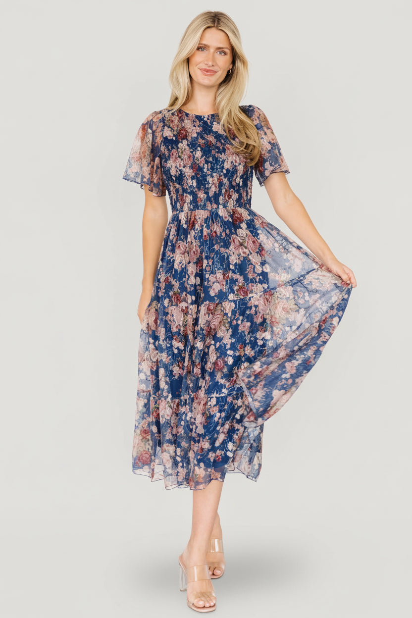Mara Embroidered Tulle Dress | Dark Blue Multi Floral - Image 6