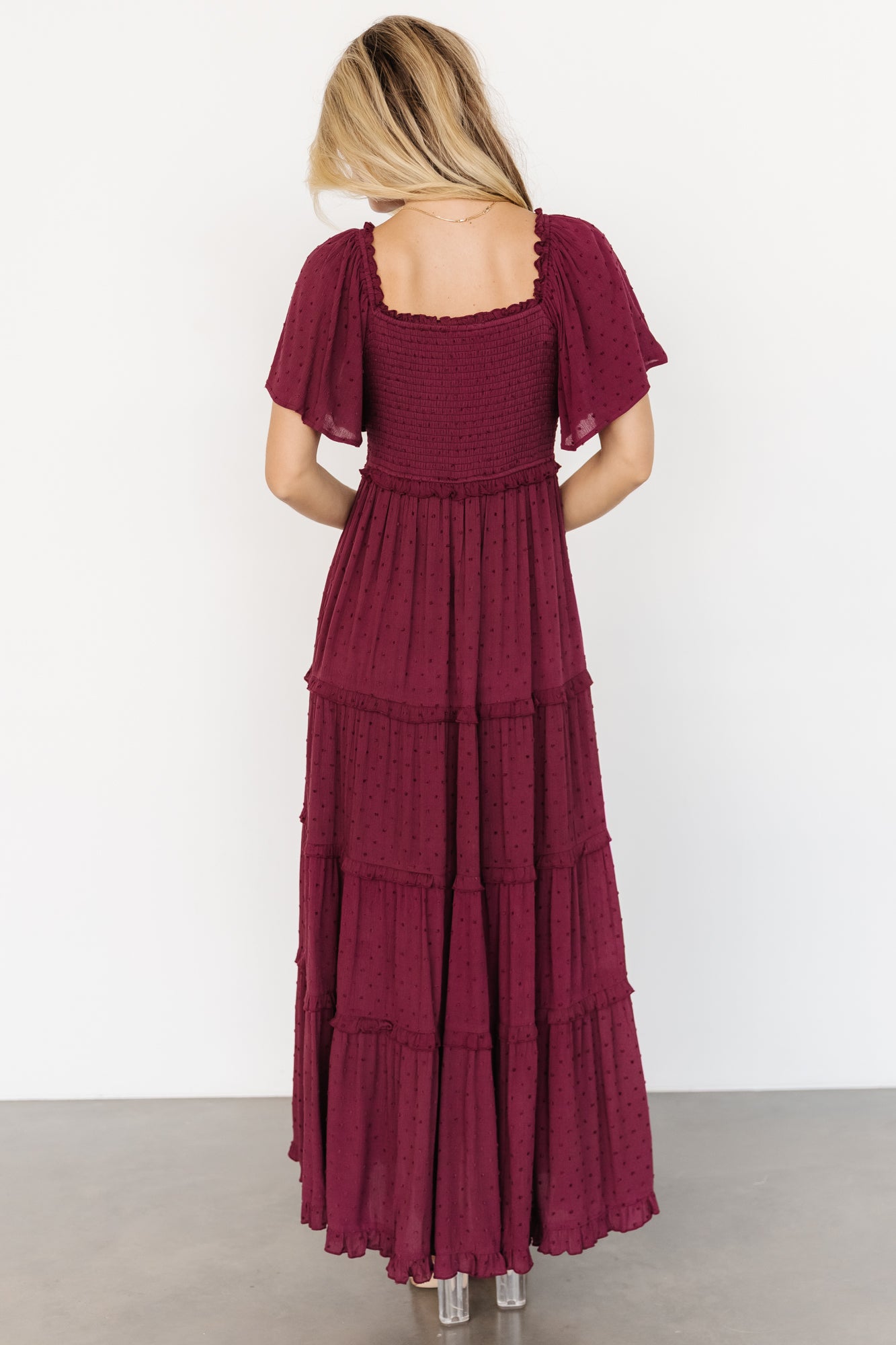 Lenora Smocked Dotted Maxi Dress | Wine - Image 4