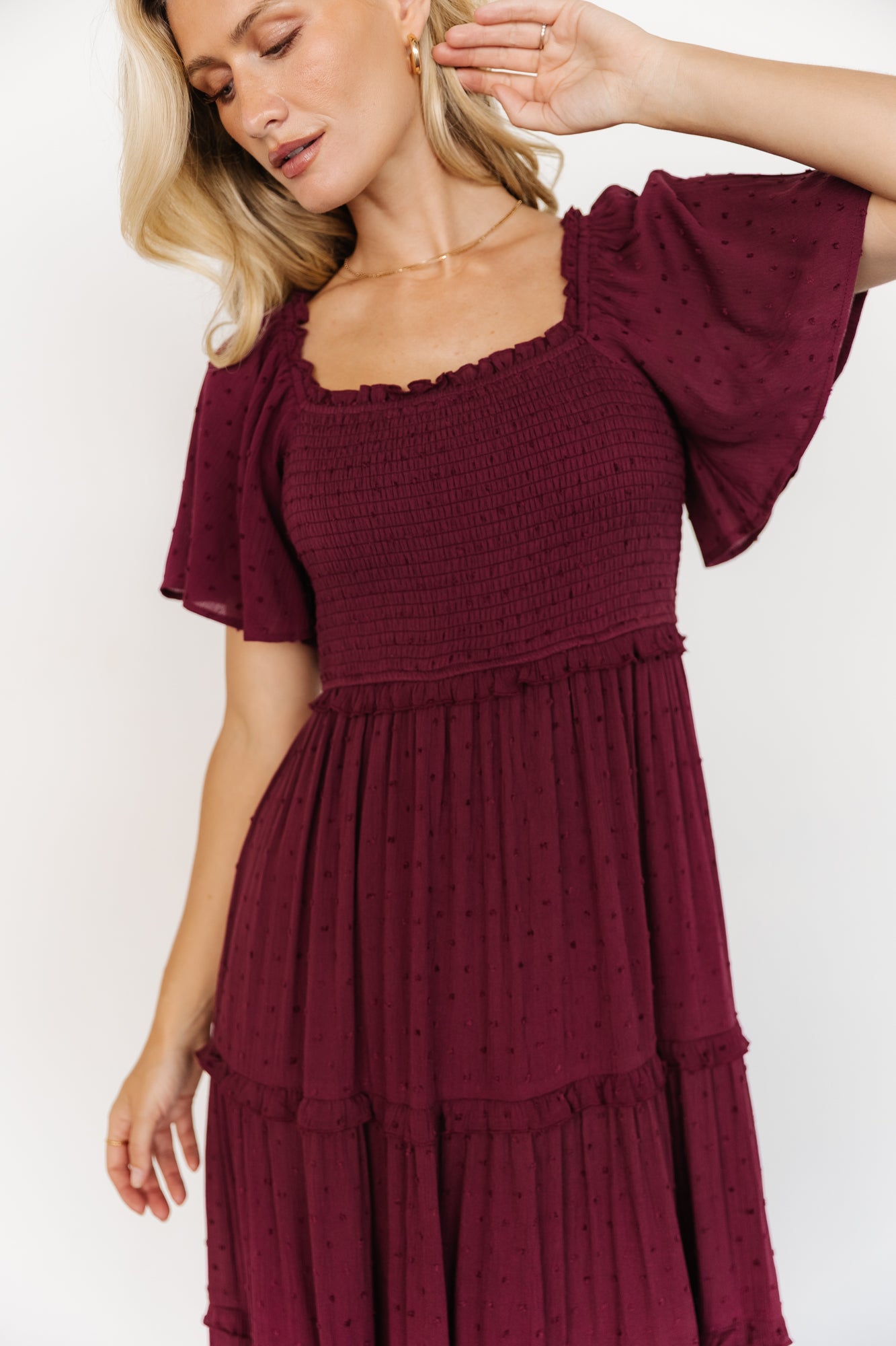 Lenora Smocked Dotted Maxi Dress | Wine - Image 2