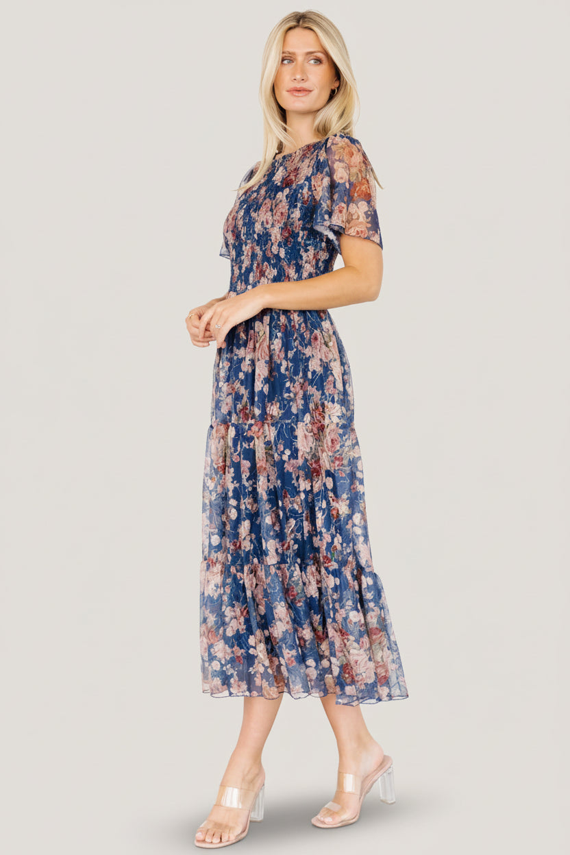 Mara Embroidered Tulle Dress | Dark Blue Multi Floral - Image 3