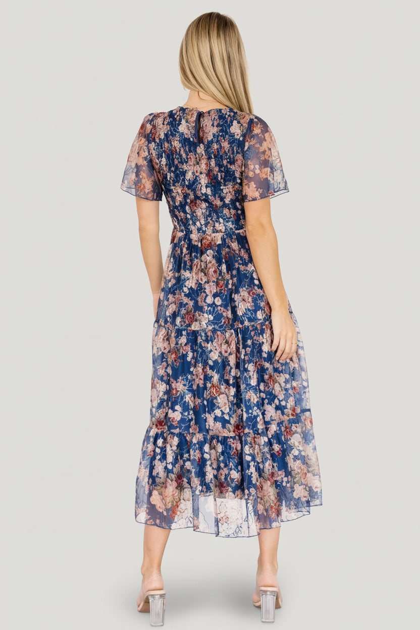 Mara Embroidered Tulle Dress | Dark Blue Multi Floral - Image 4