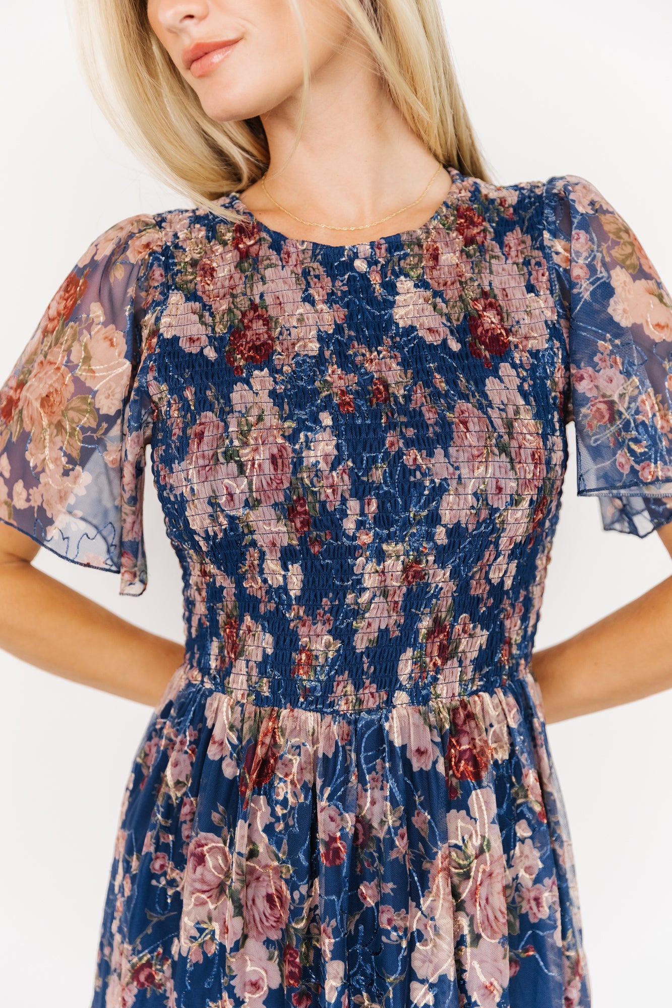 Mara Embroidered Tulle Dress | Dark Blue Multi Floral - Image 2