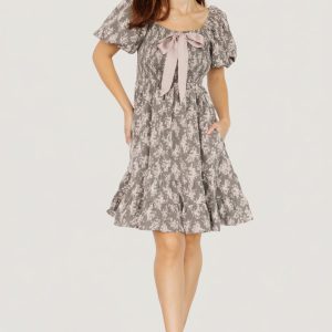 Anastasia Bow Short Dress | Dusty Olive Print
