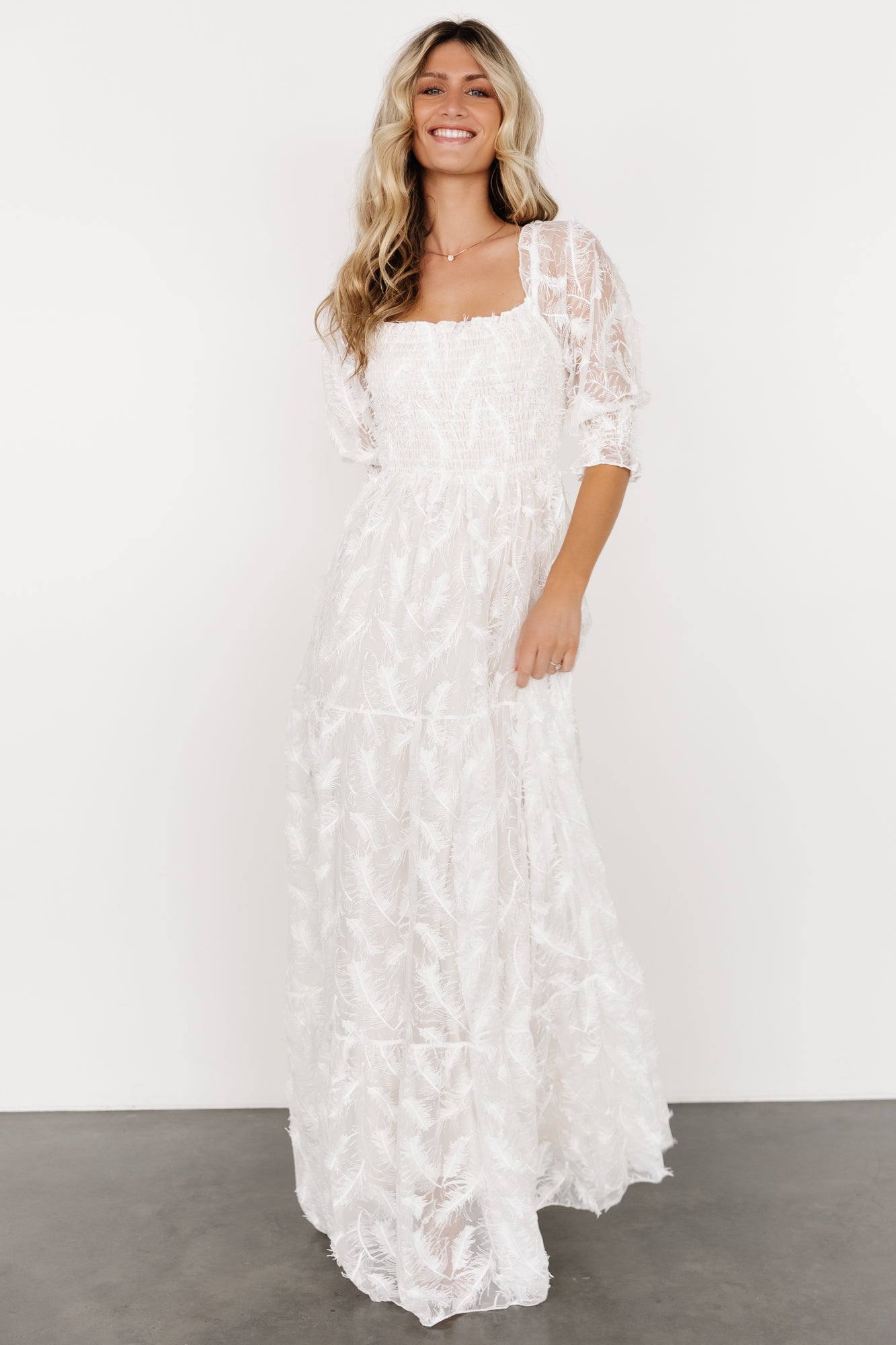Paloma Smocked Feather Maxi Dress | Off White - Image 7