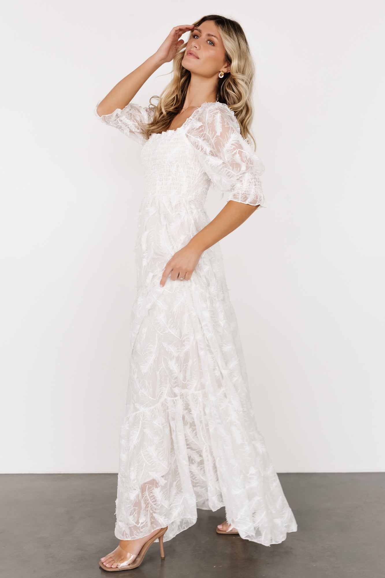 Paloma Smocked Feather Maxi Dress | Off White - Image 5