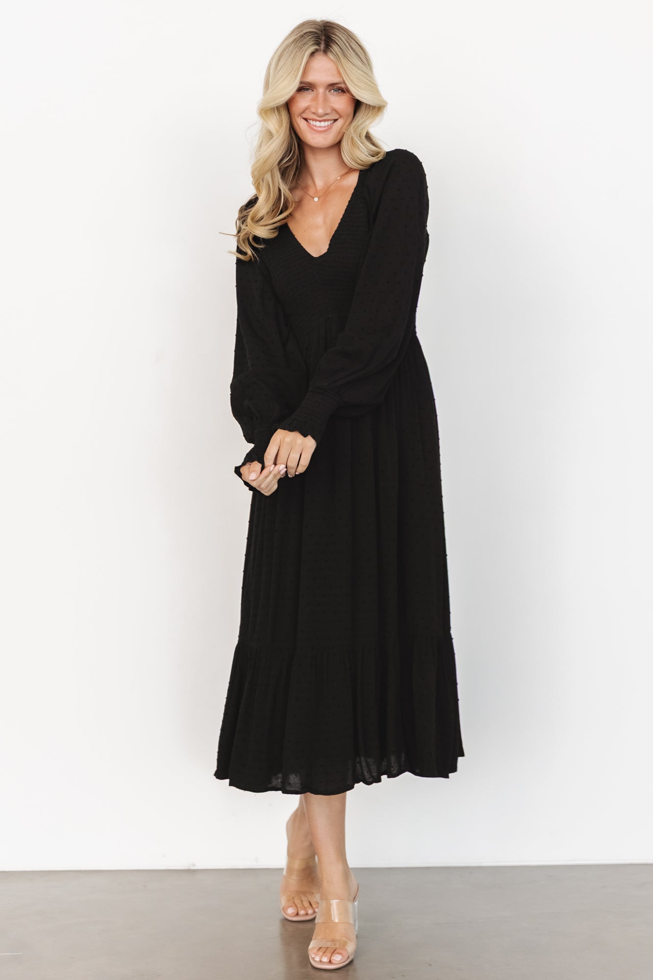 Lainey Smocked Dotted Midi Dress | Black - Image 6