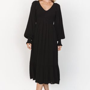 Lainey Smocked Dotted Midi Dress | Black