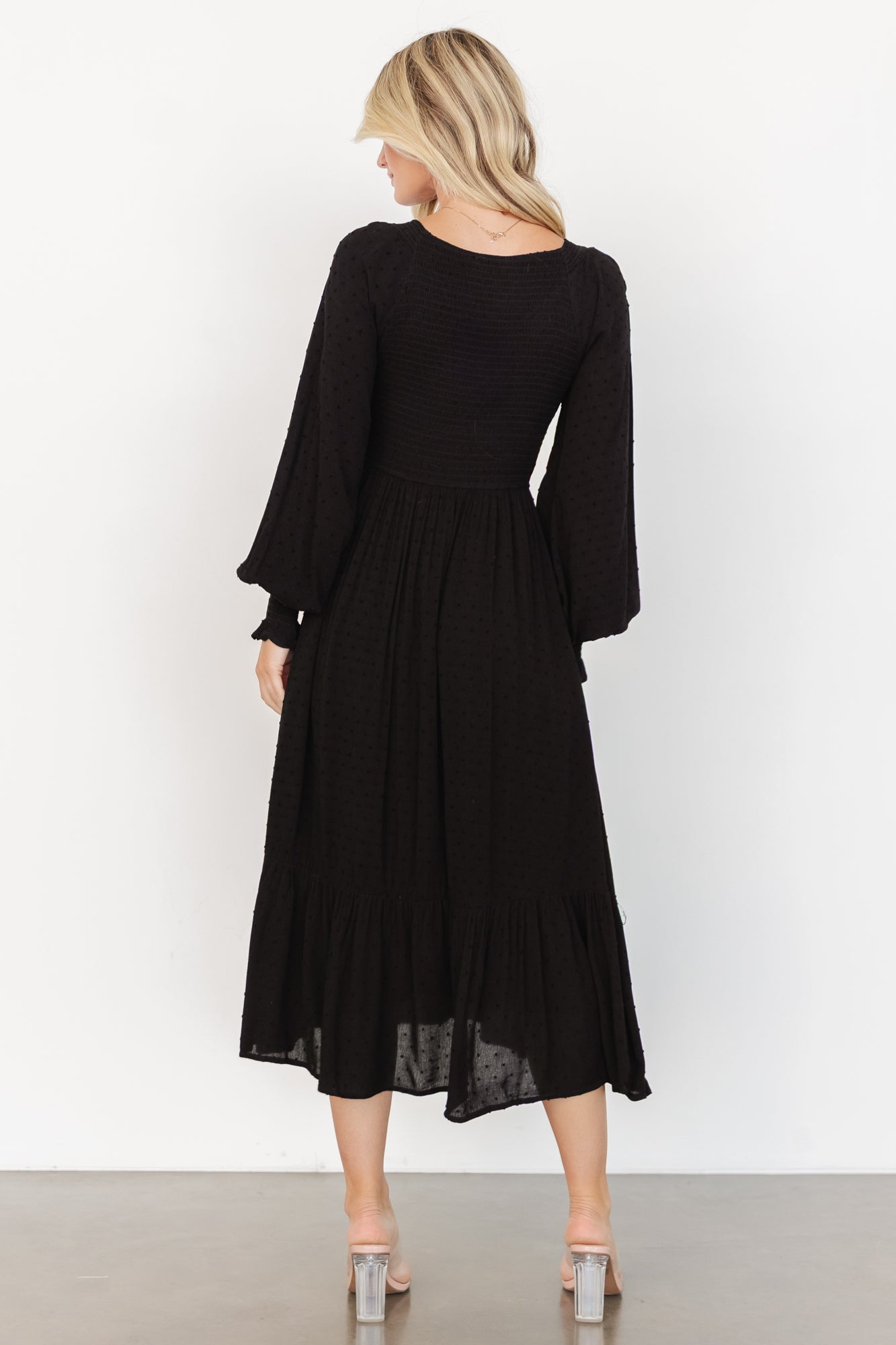 Lainey Smocked Dotted Midi Dress | Black - Image 4