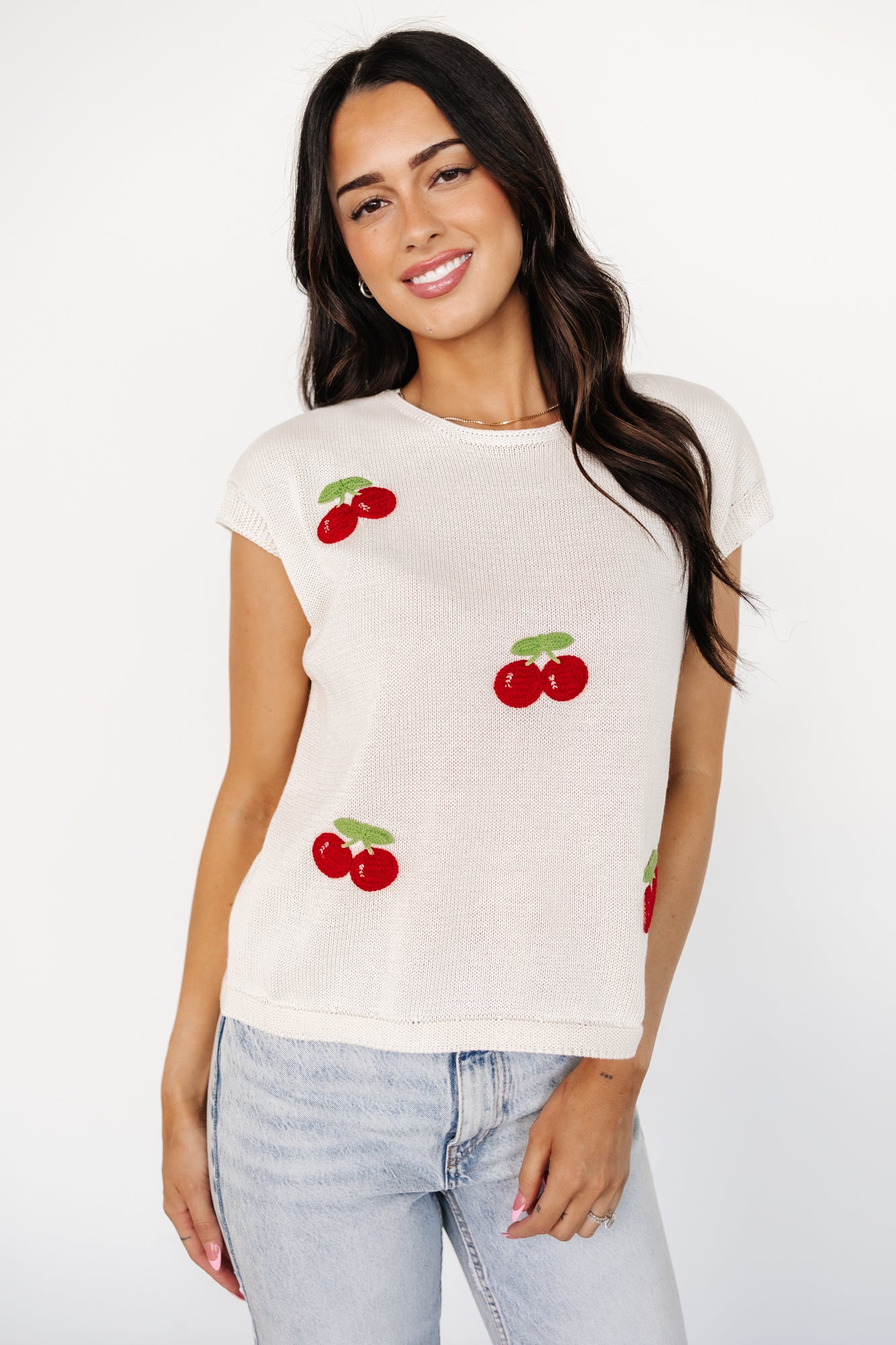Lexie Knit Top | Cream + Cherry Applique - Image 5