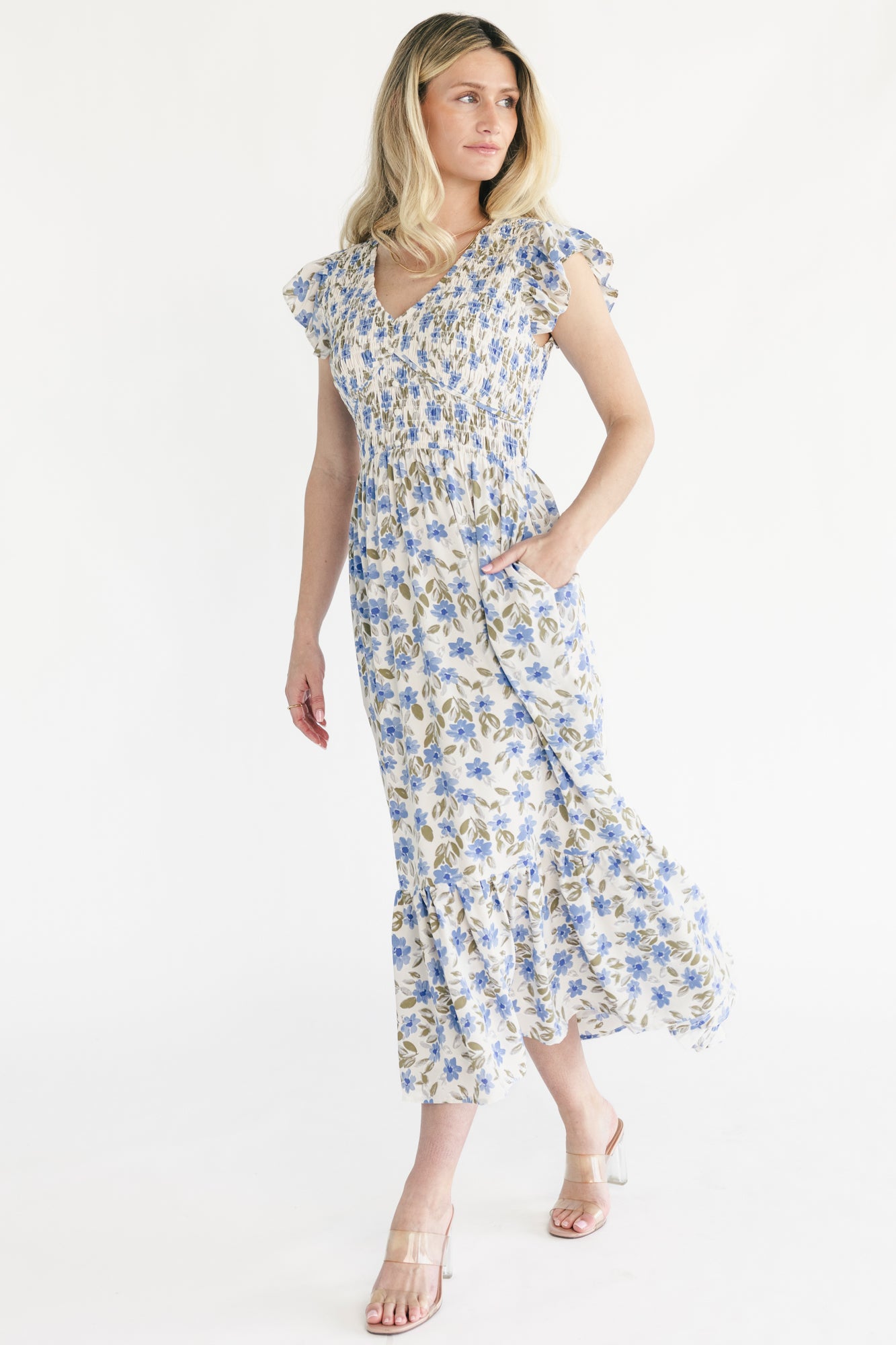 Tilly Smocked Dress | Ivory + Blue Floral - Image 3