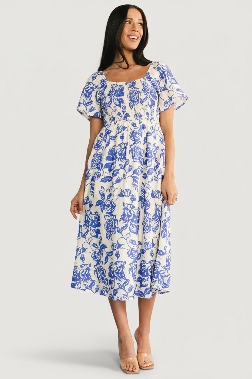 Dolores Smocked Midi Dress | Ivory + Blue Floral