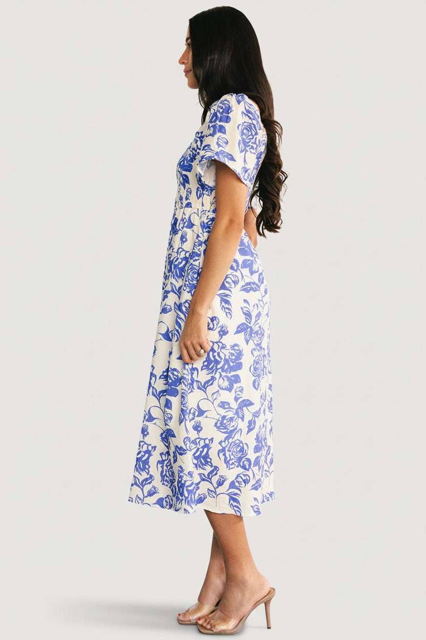 Dolores Smocked Midi Dress | Ivory + Blue Floral - Image 3