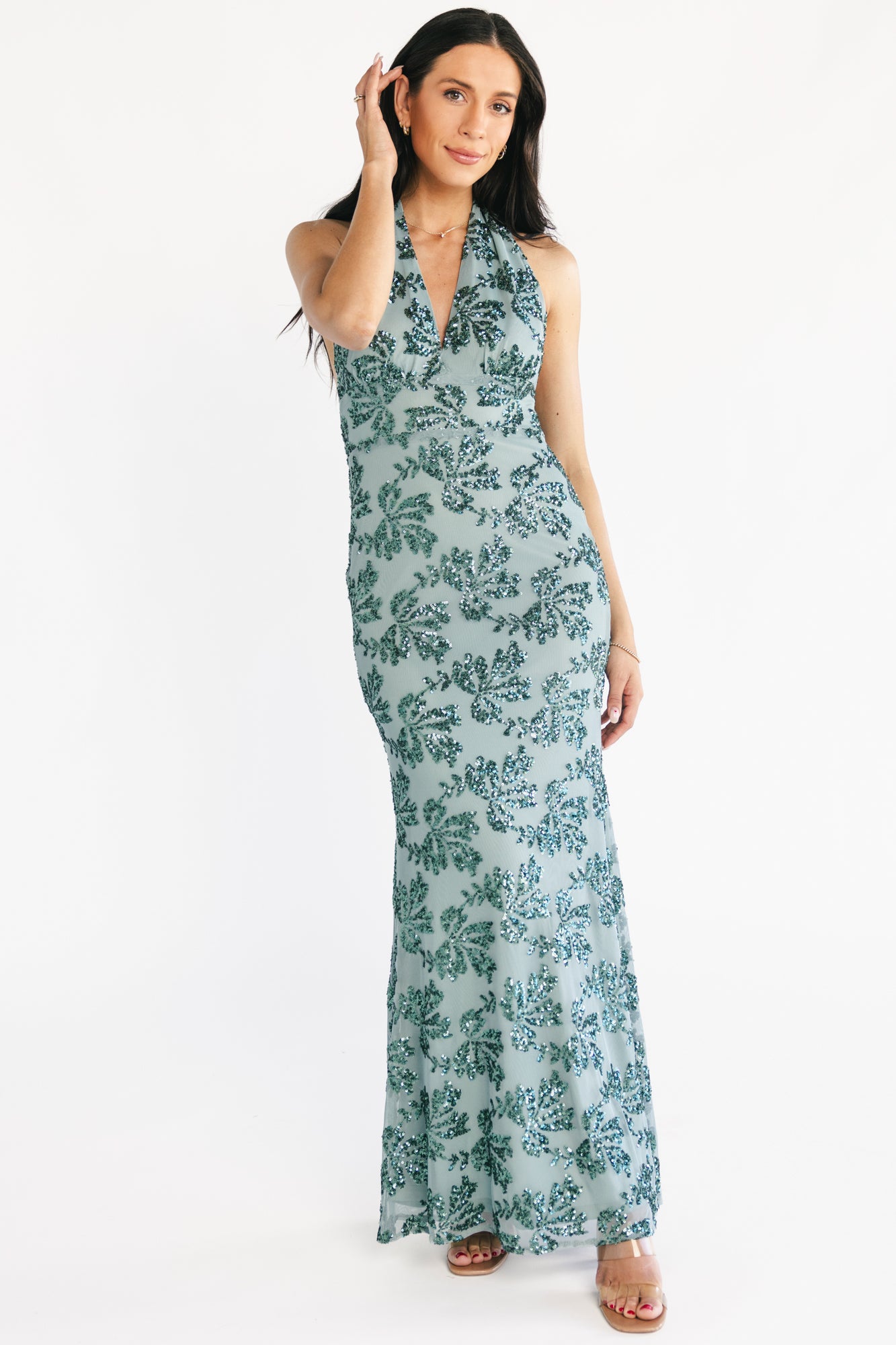 Gabriella Sequin Halter Gown | Eucalyptus - Image 5
