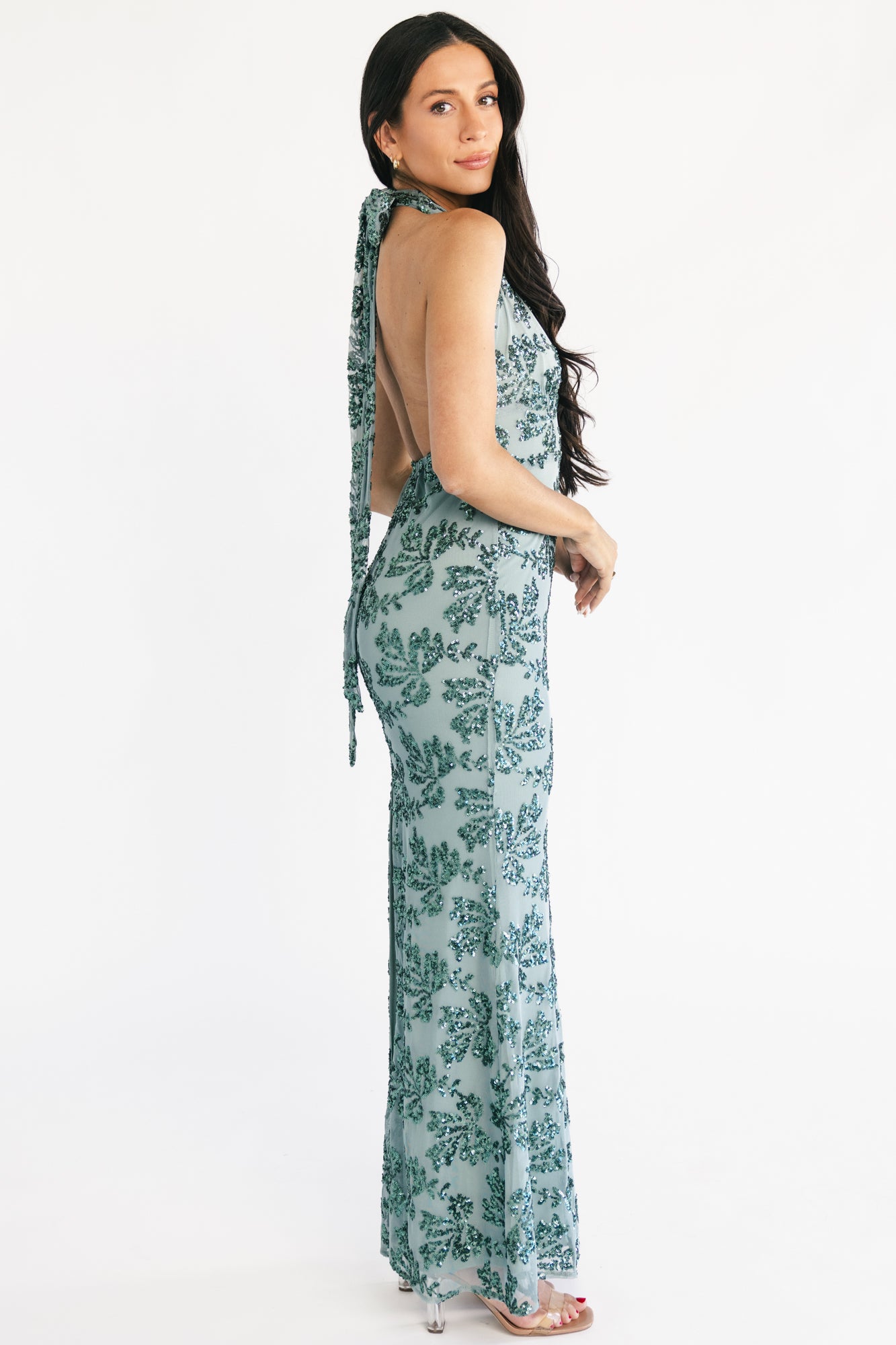 Gabriella Sequin Halter Gown | Eucalyptus - Image 3