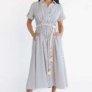 Bryony Midi Dress | Cream + Navy Stripe