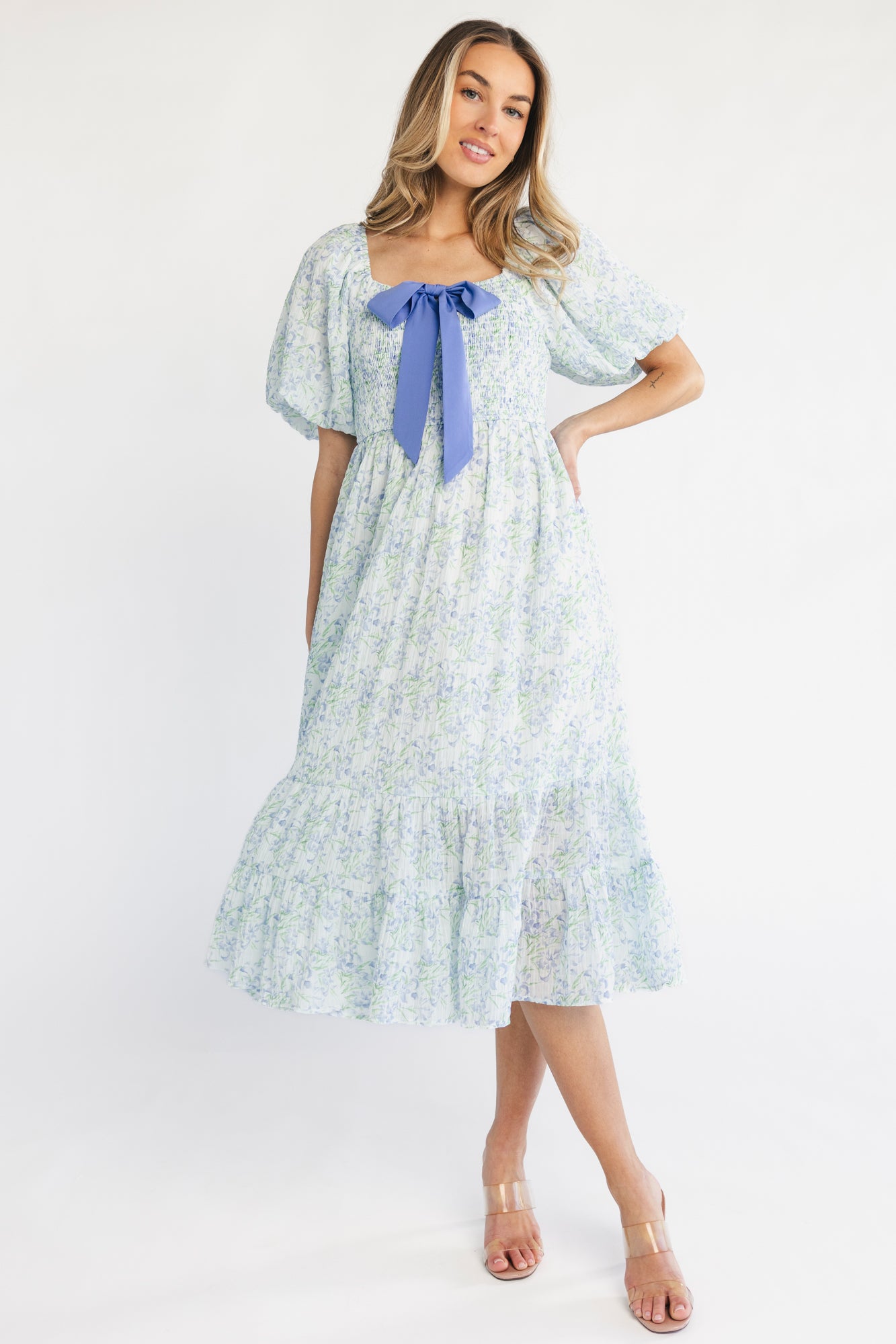 Jane Bow Midi Dress | Blue + Green Floral - Image 6