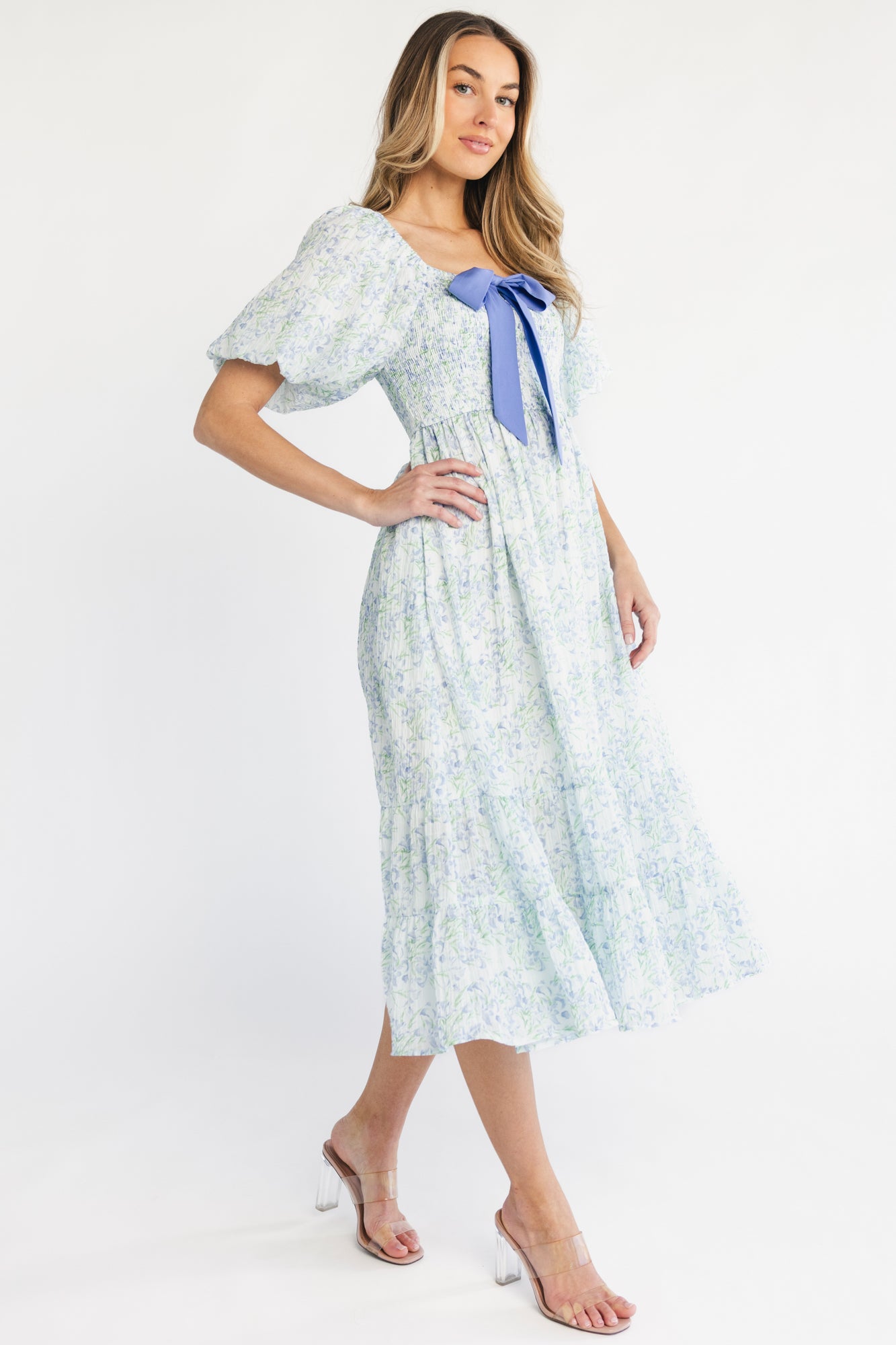 Jane Bow Midi Dress | Blue + Green Floral - Image 3