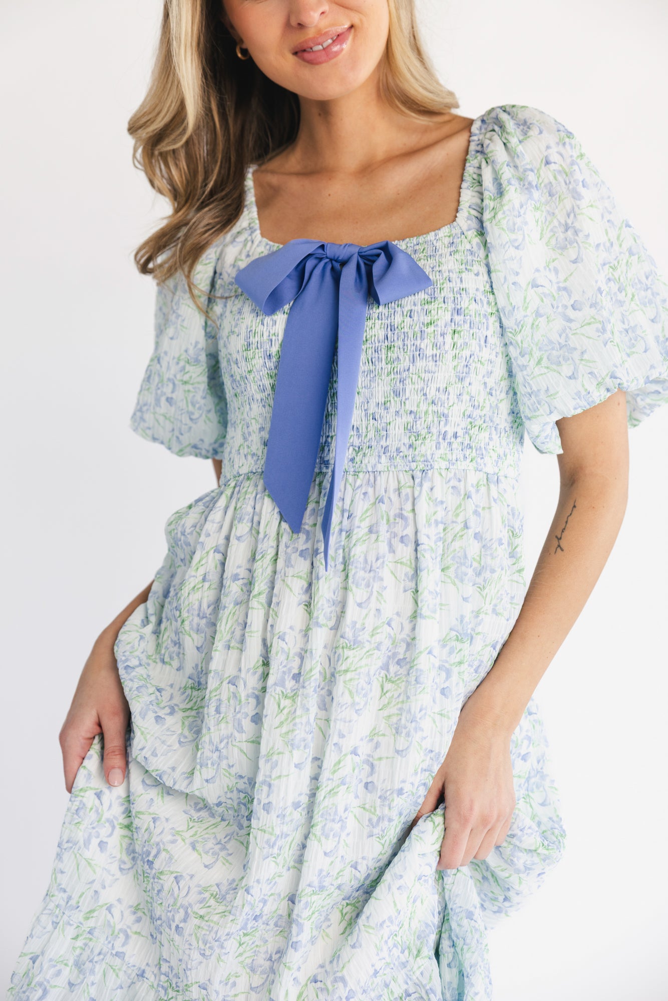 Jane Bow Midi Dress | Blue + Green Floral - Image 2