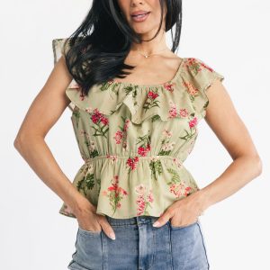 Lissie Peplum Top | Green + Pink Floral