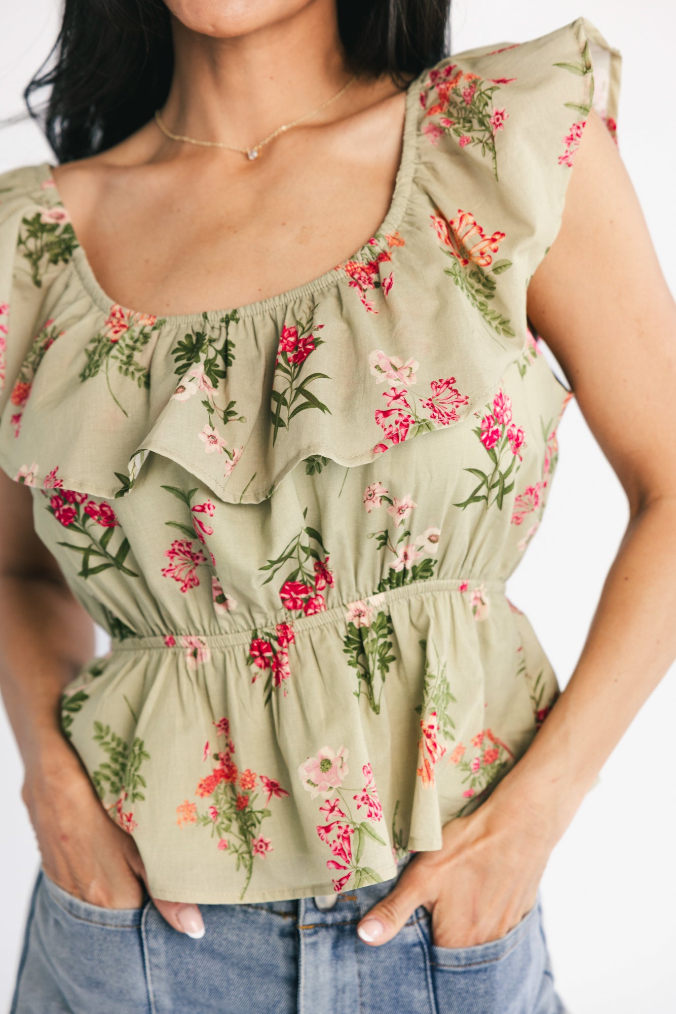 Lissie Peplum Top | Green + Pink Floral - Image 2