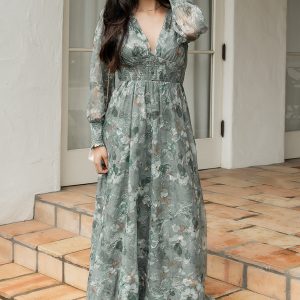 Jolie Embroidered Tulle Dress | Sage + Gold Floral