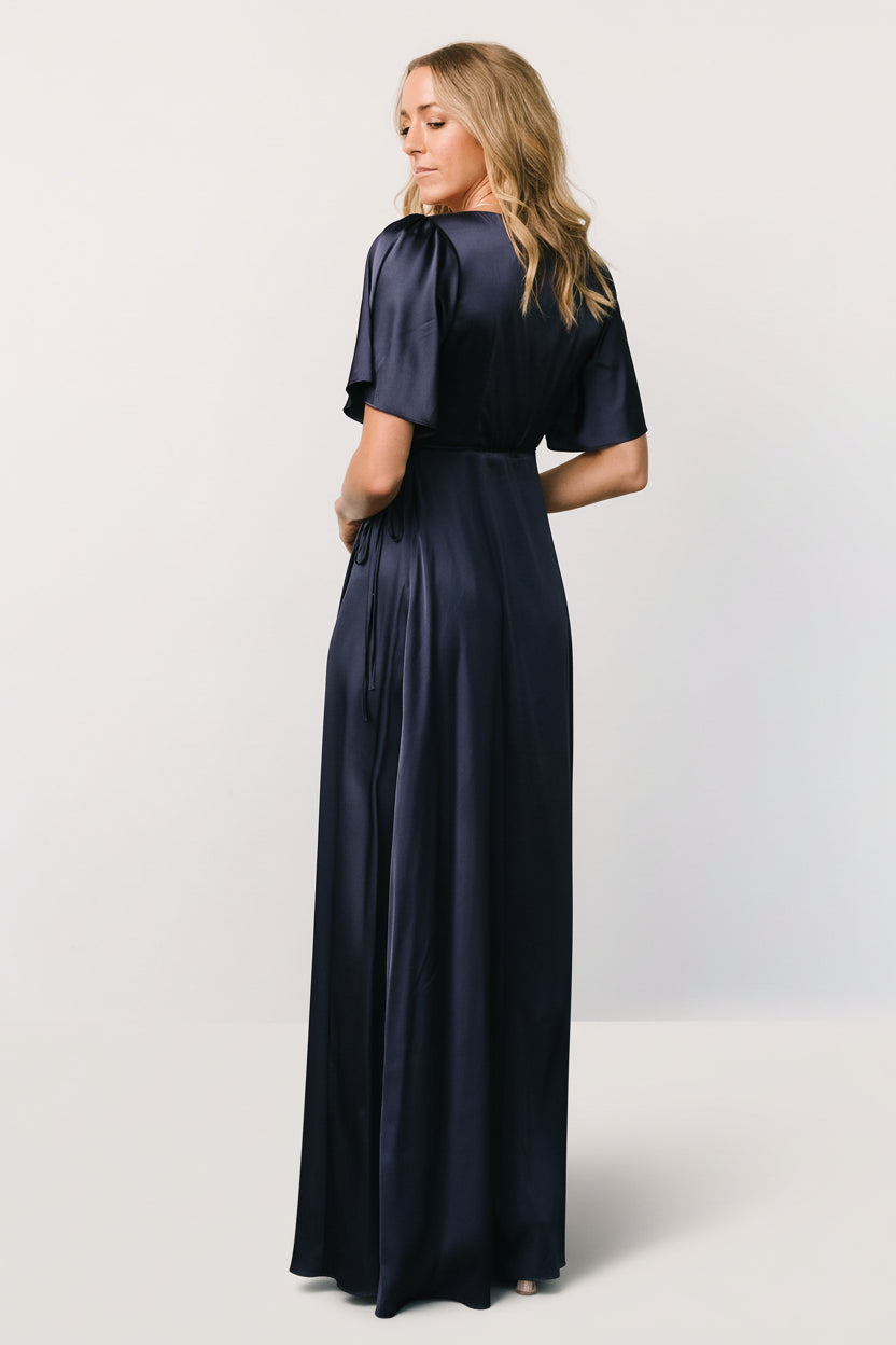 Vara Satin Maxi Wrap Dress | Navy - Image 3