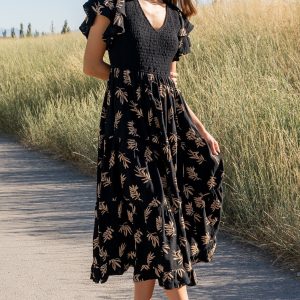 Estelle Smocked Midi Dress | Black + Tan Print