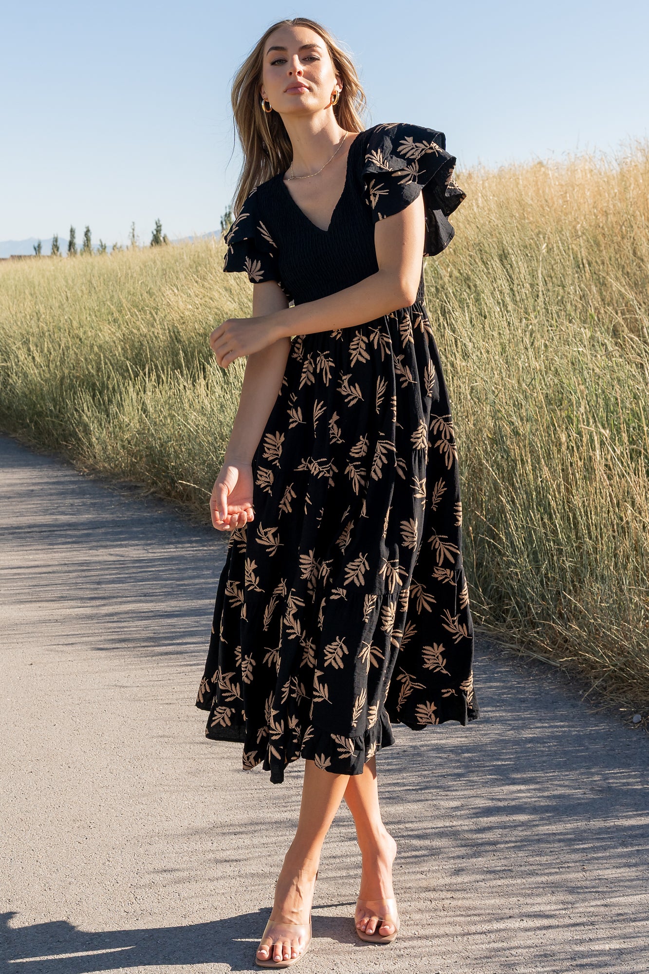 Estelle Smocked Midi Dress | Black + Tan Print - Image 5