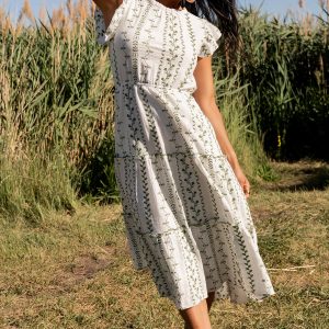 Frida Embroidered Midi Dress | White + Green Print