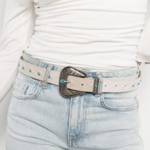 Jakob Turquoise Studs Faux Leather Belt | Ivory
