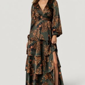 Montrouge Tiered Satin Dress | Olive Floral
