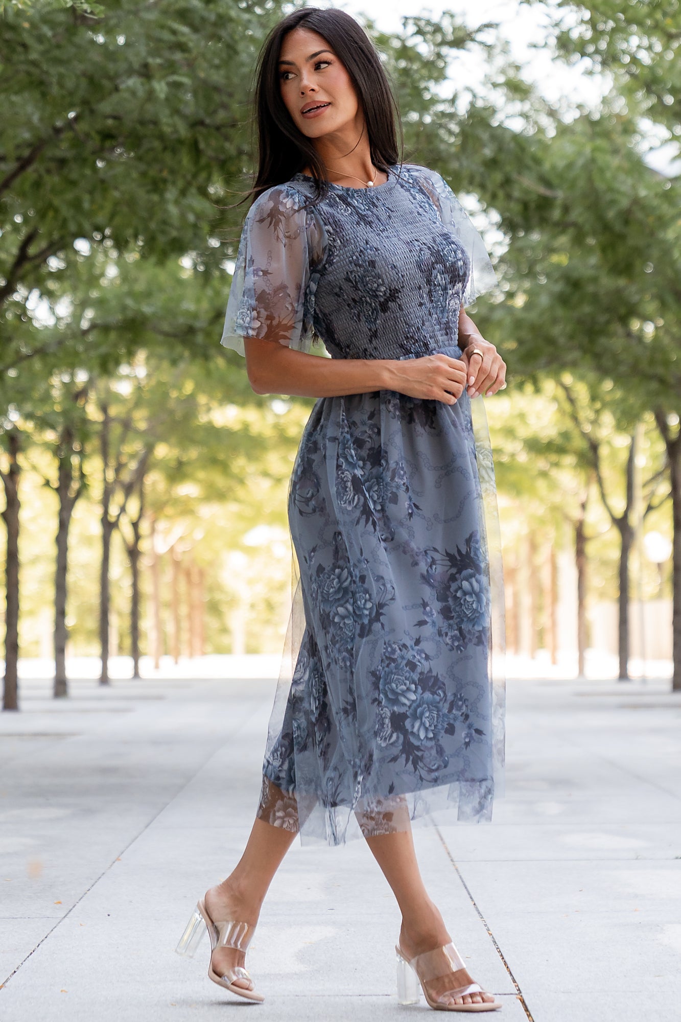 Josie Tulle Midi Dress | Dusty Blue Floral - Image 5