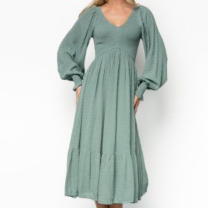 Lainey Smocked Dotted Midi Dress | Dark Sage