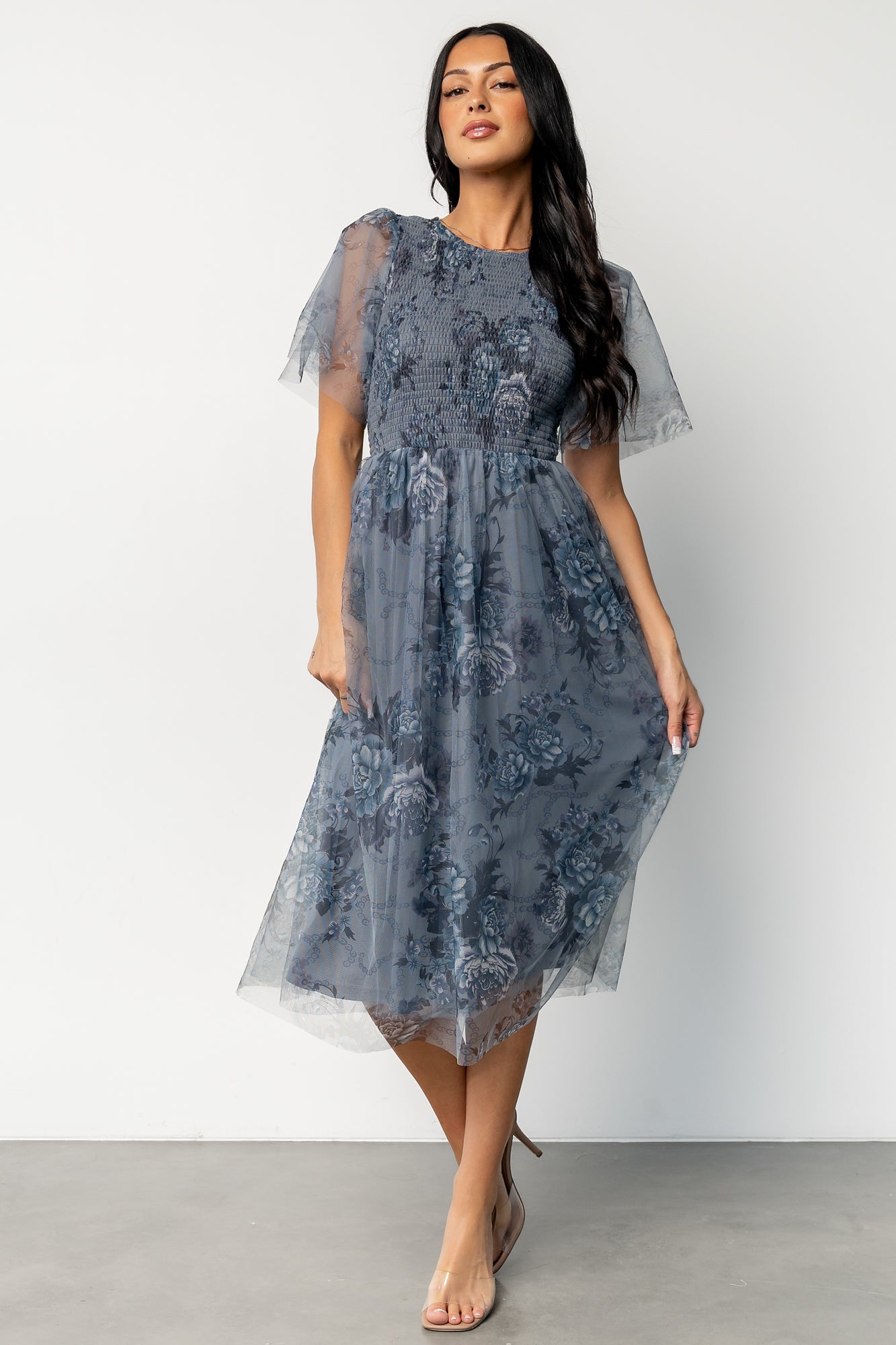 Josie Tulle Midi Dress | Dusty Blue Floral - Image 2
