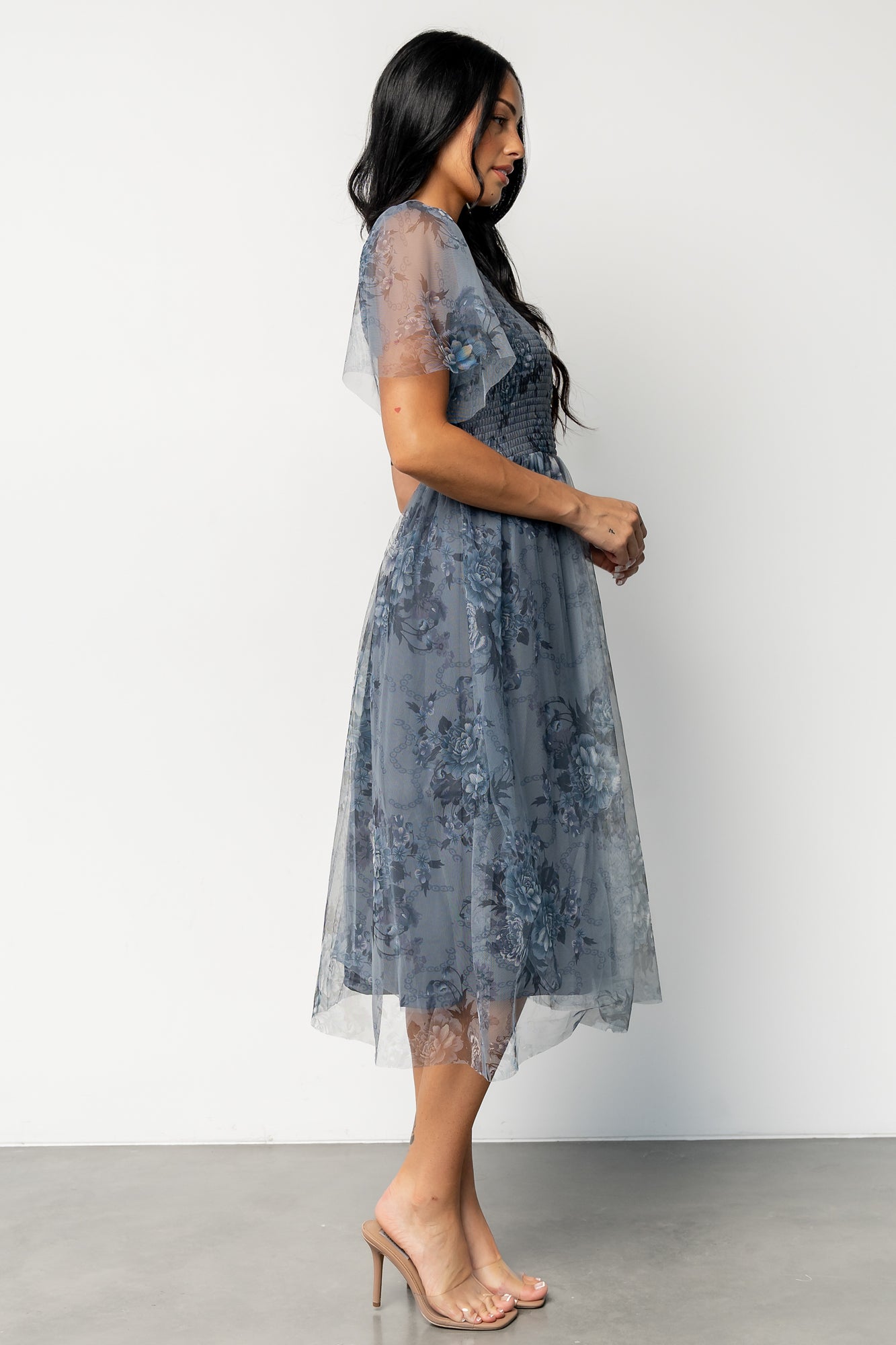 Josie Tulle Midi Dress | Dusty Blue Floral - Image 6