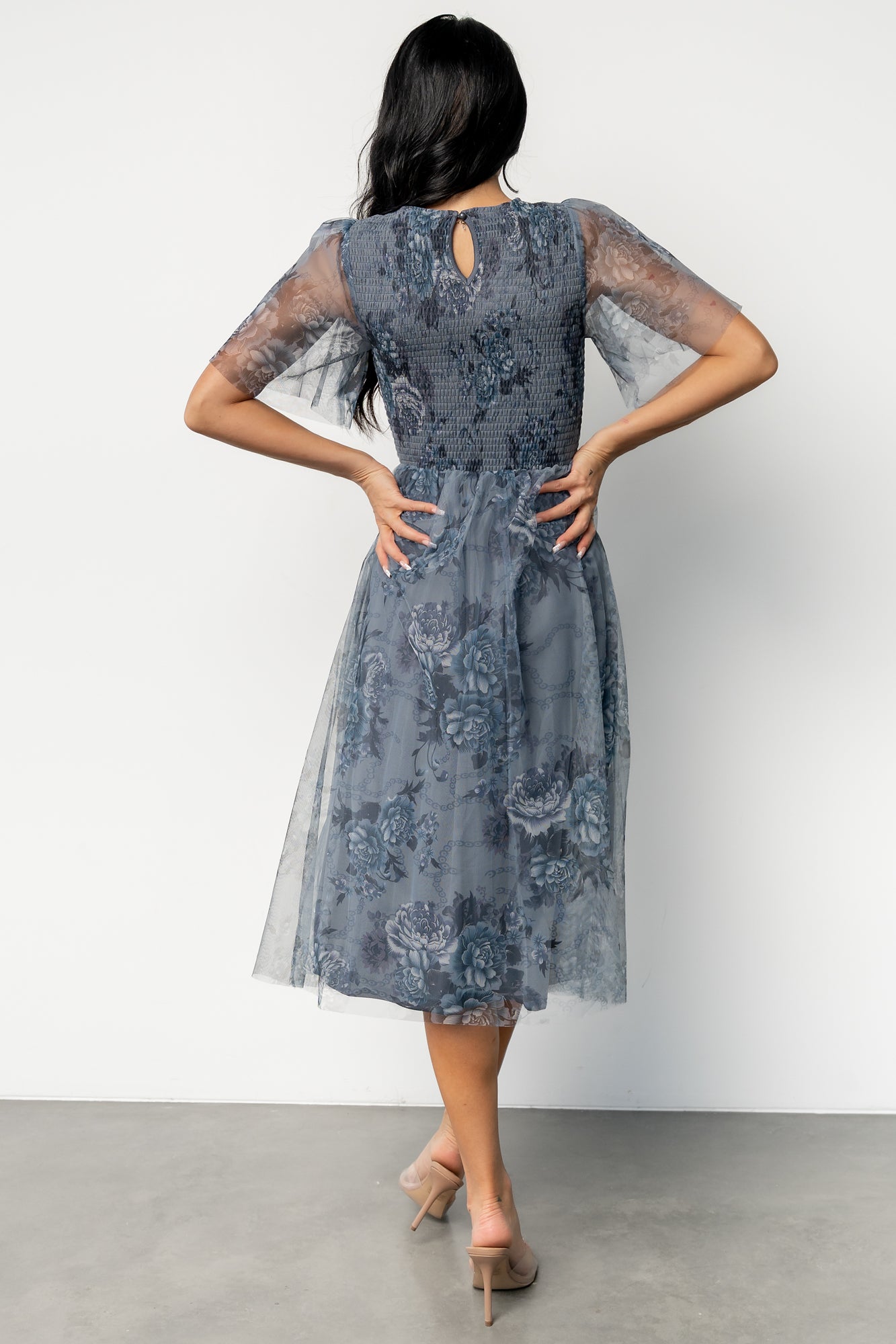 Josie Tulle Midi Dress | Dusty Blue Floral - Image 4