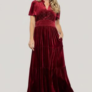 Maida Embroidered Velvet Dress | Cranberry