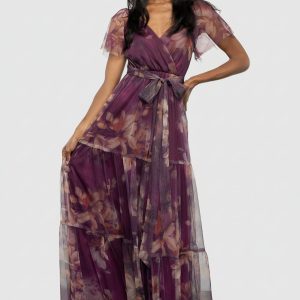 Nicola Tulle Maxi Dress | Aubergine Floral