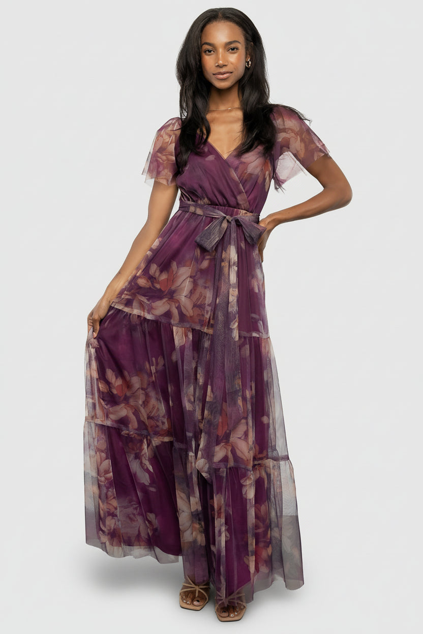 Nicola Tulle Maxi Dress | Aubergine Floral