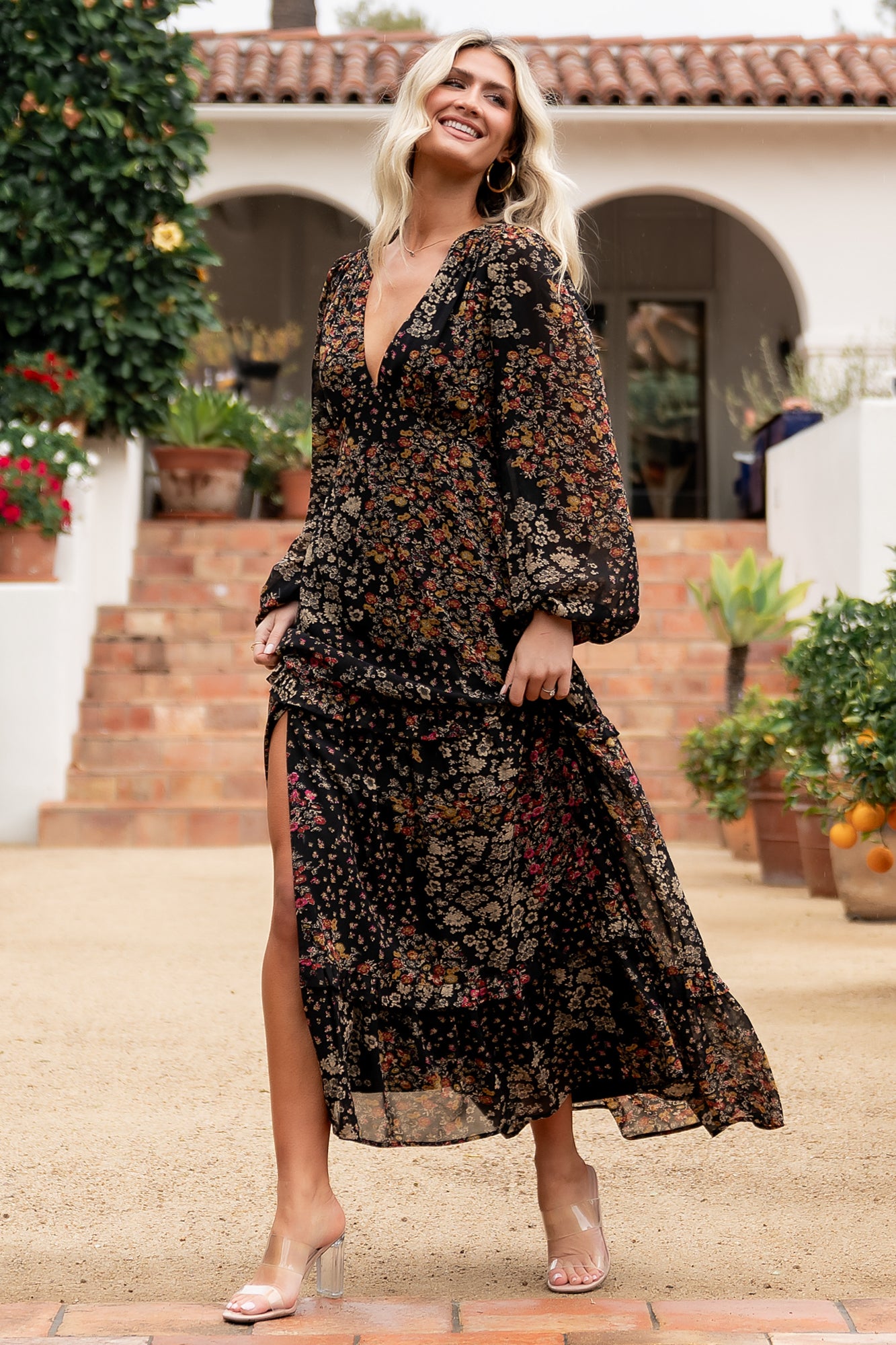 Bowman Deep V Maxi Dress | Black Multi - Image 2