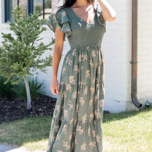 Estelle Smocked Midi Dress | Green + Tan Print